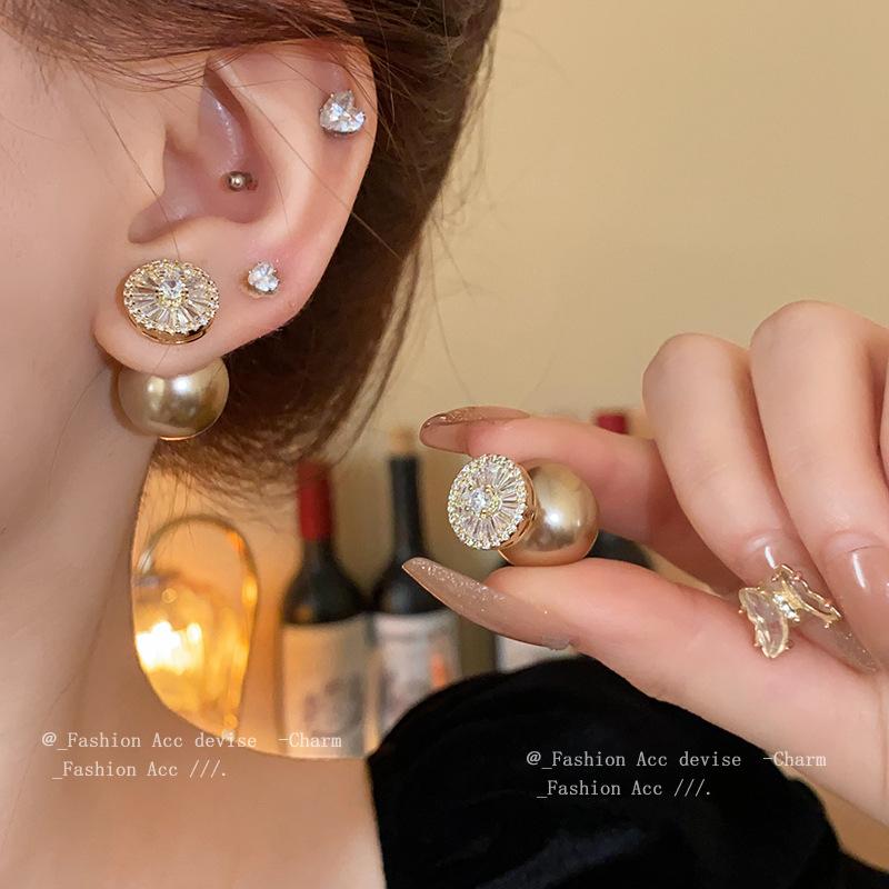 Real gold electroplated silver needle zircon pearl earrings fashion high-end stud earrings personalized versatile light luxury earrings women