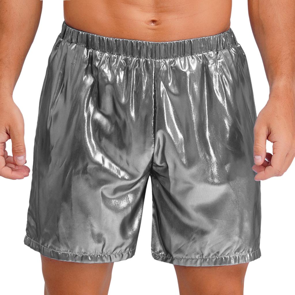 Mens Shiny Boxer Shorts Elastic Waistband Side Pocket Design Loose Fit Glossy Beach Shorts Loungewear