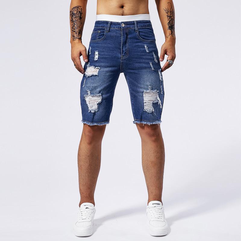Men's Slim Fit Summer Denim Shorts with Distressed Five-Point Design