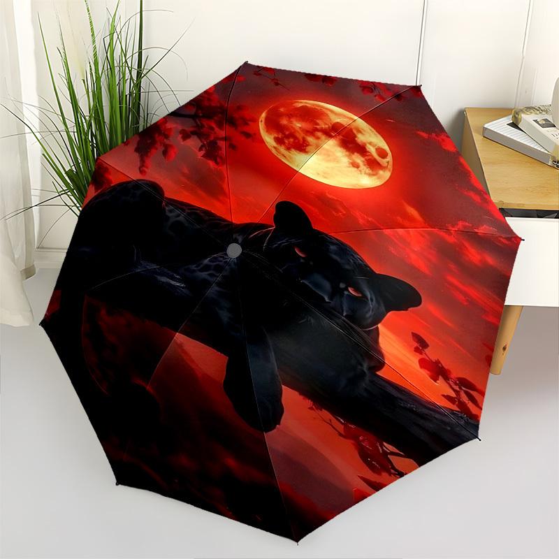 Black Leopard Moonlit Night Themed Automatic Opening and Closing Umbrella, Brightly Colored 8-rib Portable Umbrella, Suitable for Men and Wo