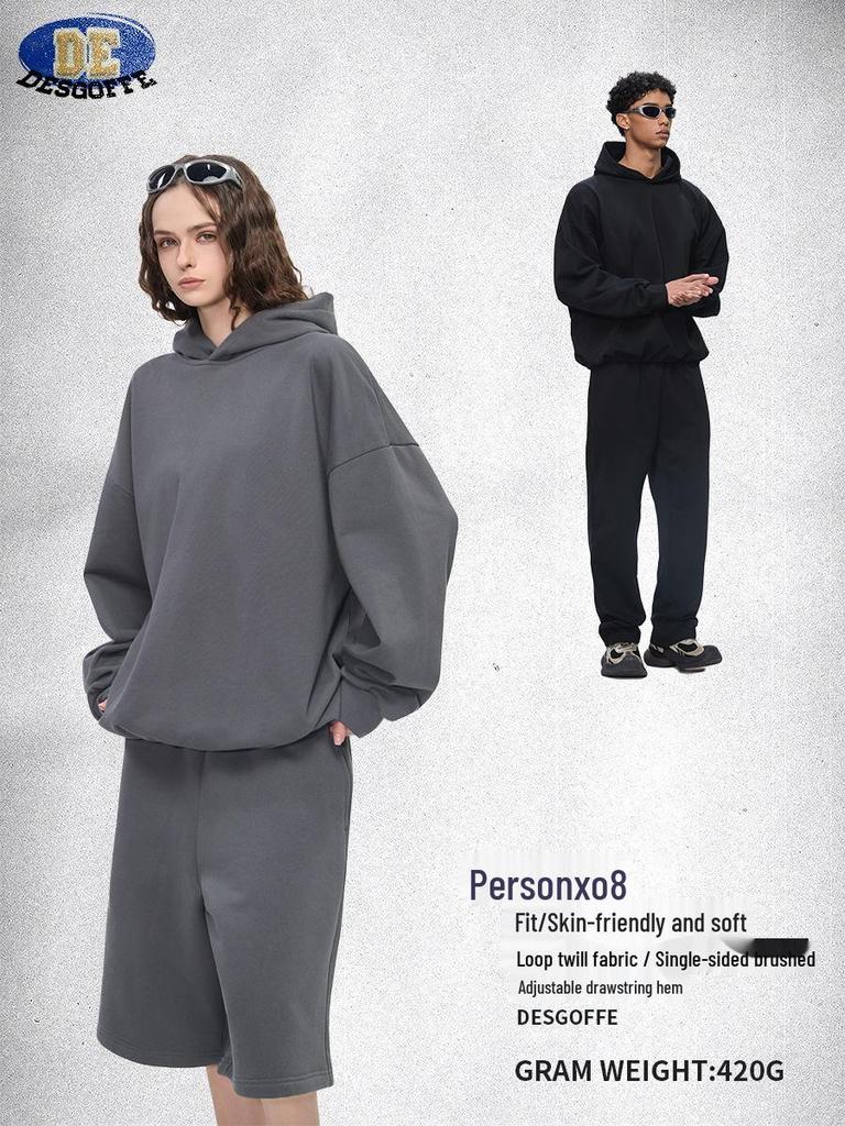 DE Men's Moleskin Twill Hoodie: Boxy Short Wide 420G Sweatshirt with Adjustable Hem Drawstring, American Style