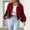 Autumn Women Lapel Lantern Sleeve Cropped Jacket Solid Color Single Breasted Overcoat Outwear Vintage Corduroy Coat
