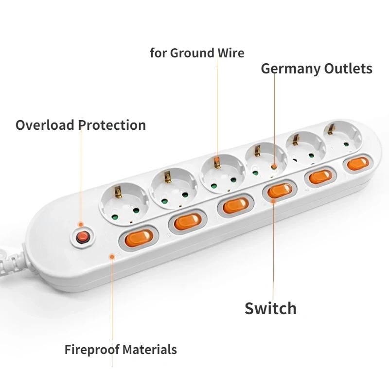 Melery Сетевой фильтр Защита от перенапряжения ЕС Вилка Выходы Электрический удлинитель 16A розетка Независимые переключатели управления 1.5/2m шнур