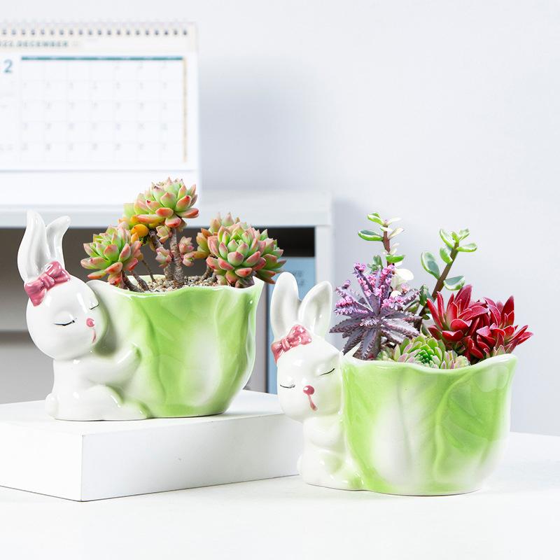 Cute Rabbit Flower Pot Ceramic Succulent Pot Planter Home Decor Indoor Decoration Desktop Ornaments Bonsai Plant Pot