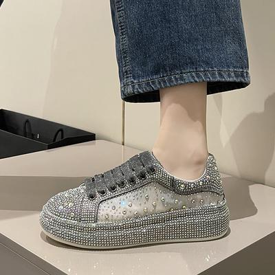 Модные женские кроссовки 4 см Летние сетчатые на шнуровке Повседневная рабочая обувь Обувь для носки Высокий бренд Платформа Клиновидная танкетка Блестящие кристаллы Снаружи