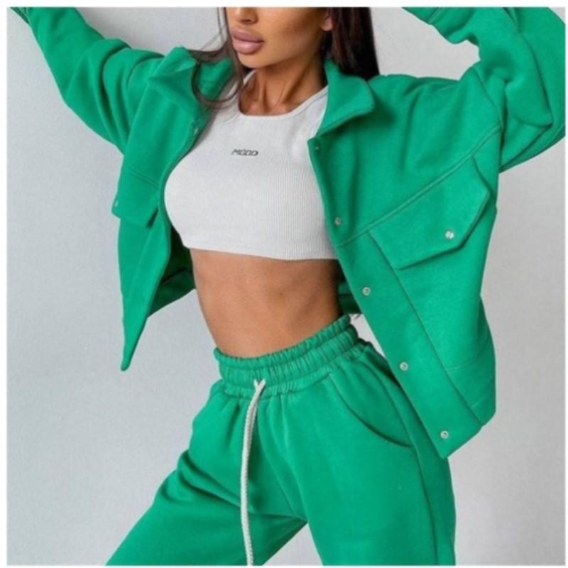 Однотонный женский комплект из двух предметов, модный свитшот с длинными рукавами, пальто на пуговицах с лацканами и брюки, спортивный костюм, осенне-зимний повседневный комплект для женщин