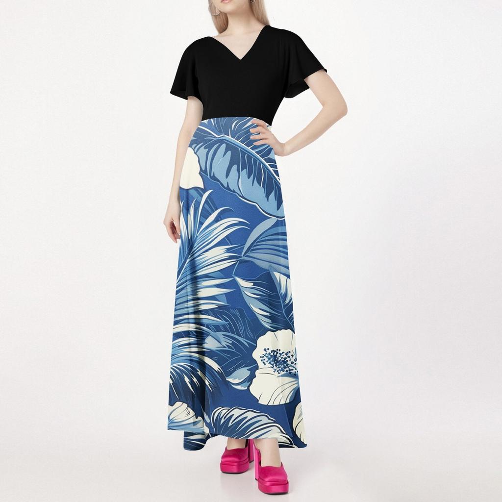 Женское свободное повседневное платье с V-образным вырезом, короткими рукавами, высокой талией и цветочным принтом Платье с цветочным принтом