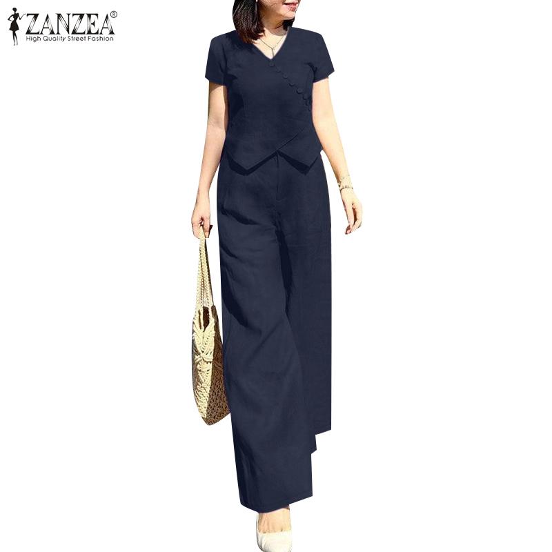 ZANZEA Women Short Sleeve Blouse and Pants Casual Two Piece Sets