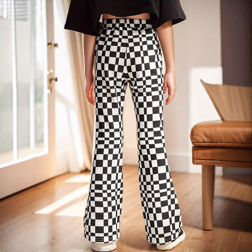 Брюки-клеш в клетку для девочек, весенние и осенние, детские спортивные брюки для отдыха