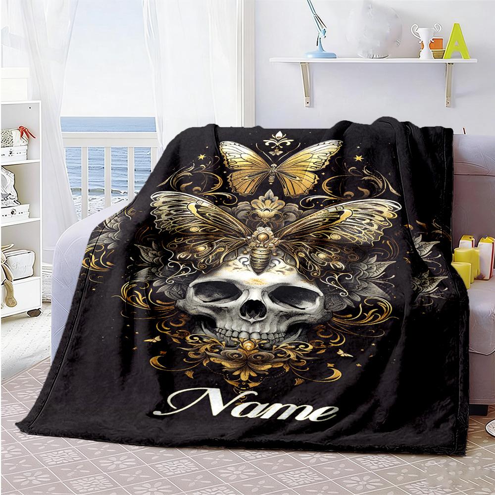 Golden Skull Butterfly Personalized Name Blanket Multi-purpose Personalized Blanket Warmthful Decor Throw For Home Decor Livingroom Office Chair