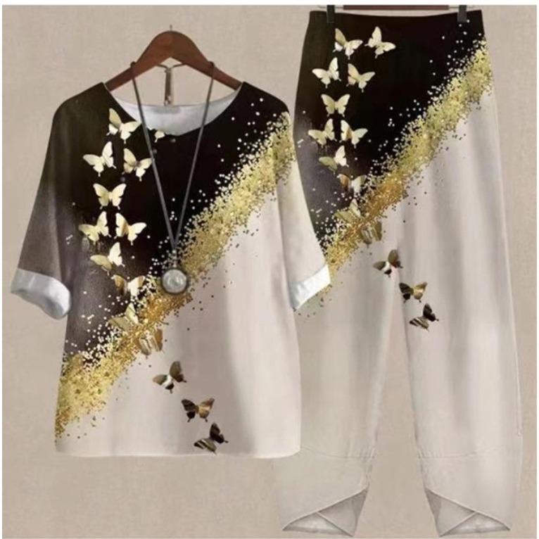 GMXIA Spring Women's Five-quarter Sleeve Printed Top and Pants Two-piece Set