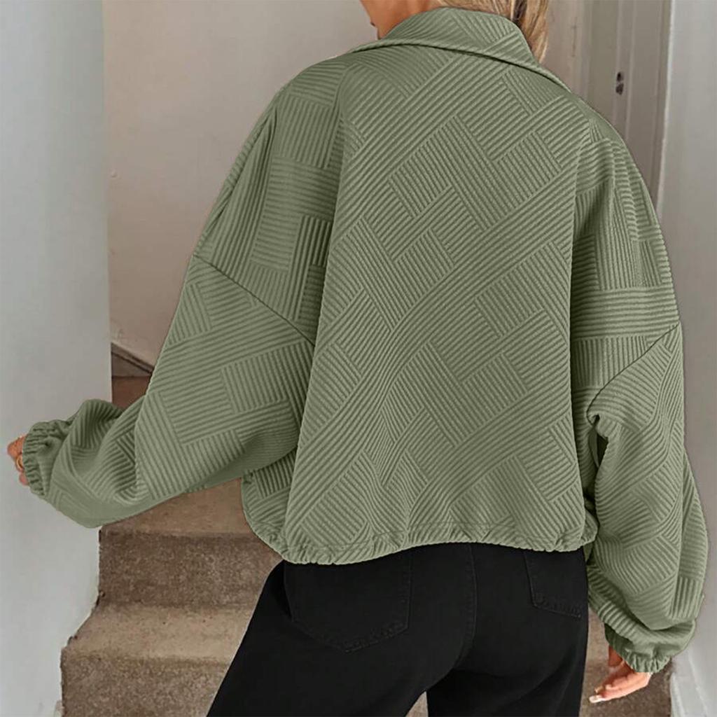 Women's Fashionable Solid Color Long Sleeved High Neck Zipper Hem Drawstring Pocket Loose Baseball Jacket