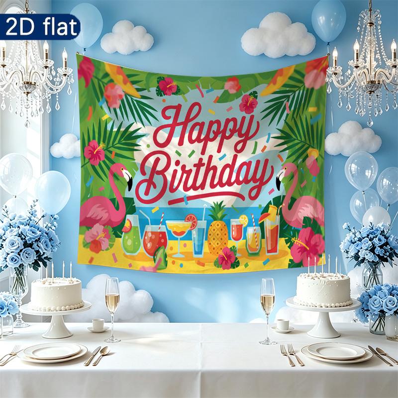 Happy Birthday Flowers Gifts Tropical Backdrop Banner, Multicolor Polyester for Party Decor & Photo Booth