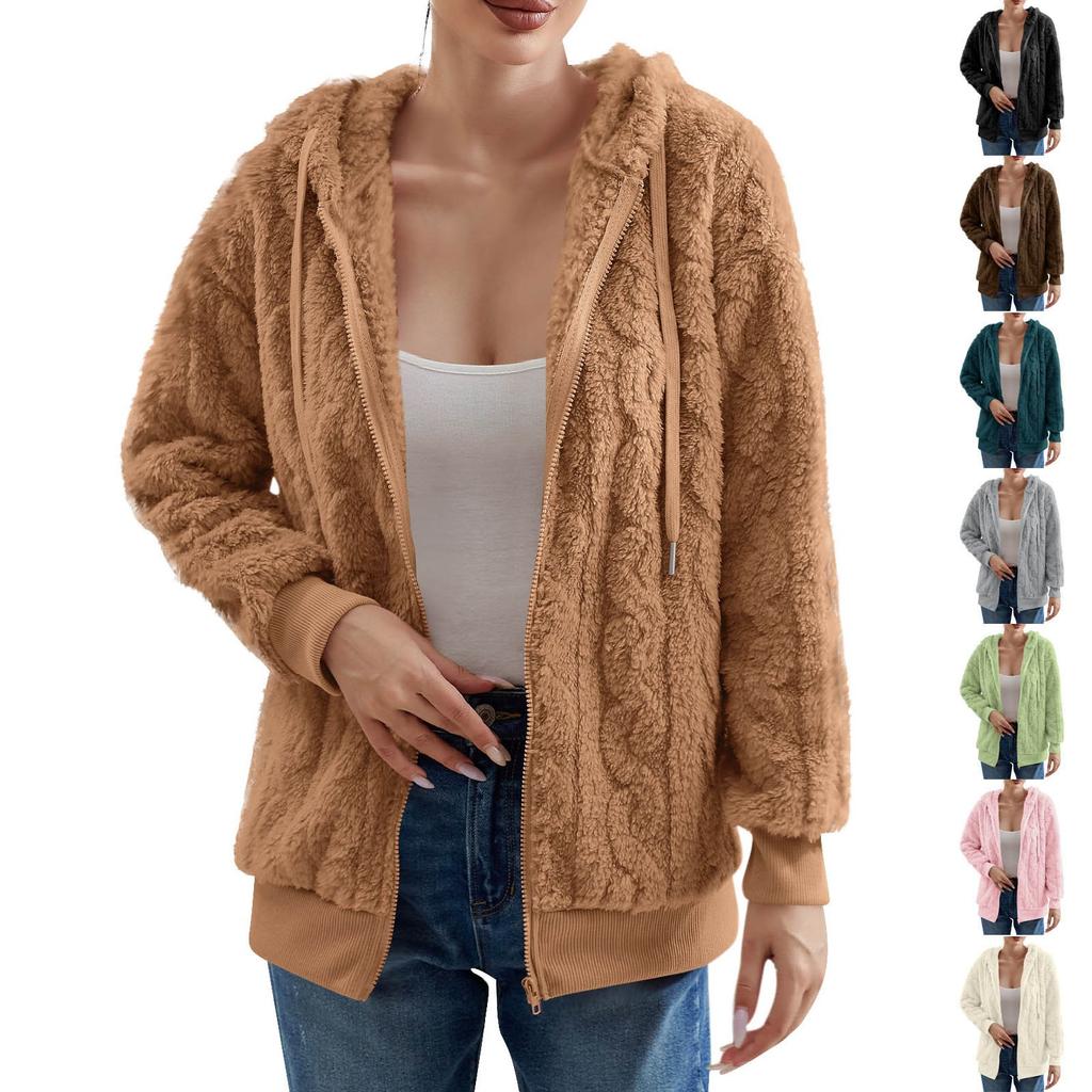 Women's Fashion Long Sleeve Solid Color Pocket Plush Cardigan Hooded Zipper Sweatshirt Jacket