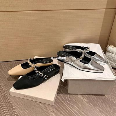 [Версия из коровьей кожи того же стиля] Вечерний драг~ Маленькая квадратная голова стразы плоская подошва Мэри Джейн сумка голова крутые тапочки женские мюли