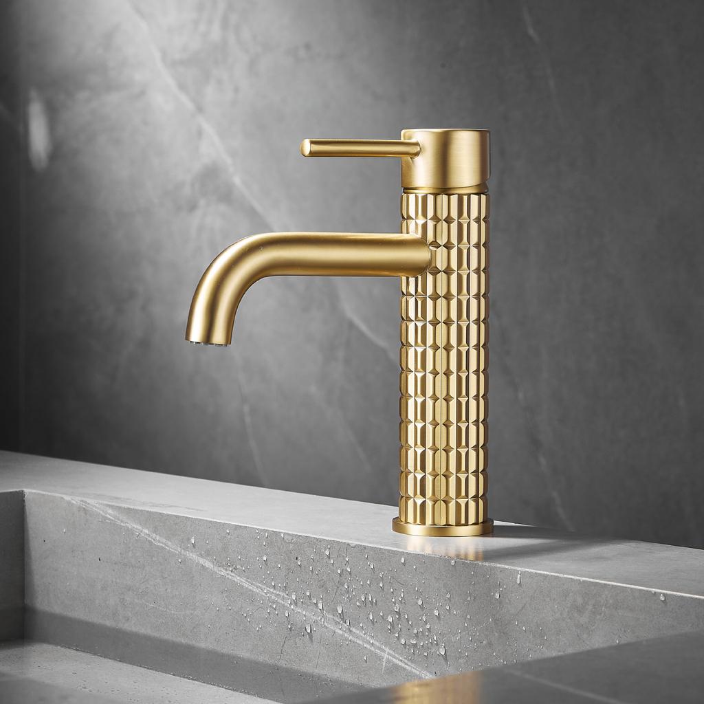 Tuqiu Brush Gold Bathroom Basin Faucets Art Carved Sink Mixer Tap Hot & Cold Deck Mounted Grey Lavatory Crane Water Tap