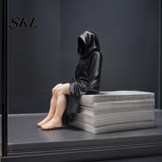Hooded Female Shelf Sitter 3D Printed Black Robe Women Figurine, Sitting PLA Figurine Sitter, Gothic Statue for Home Office Bookshelf Decoration