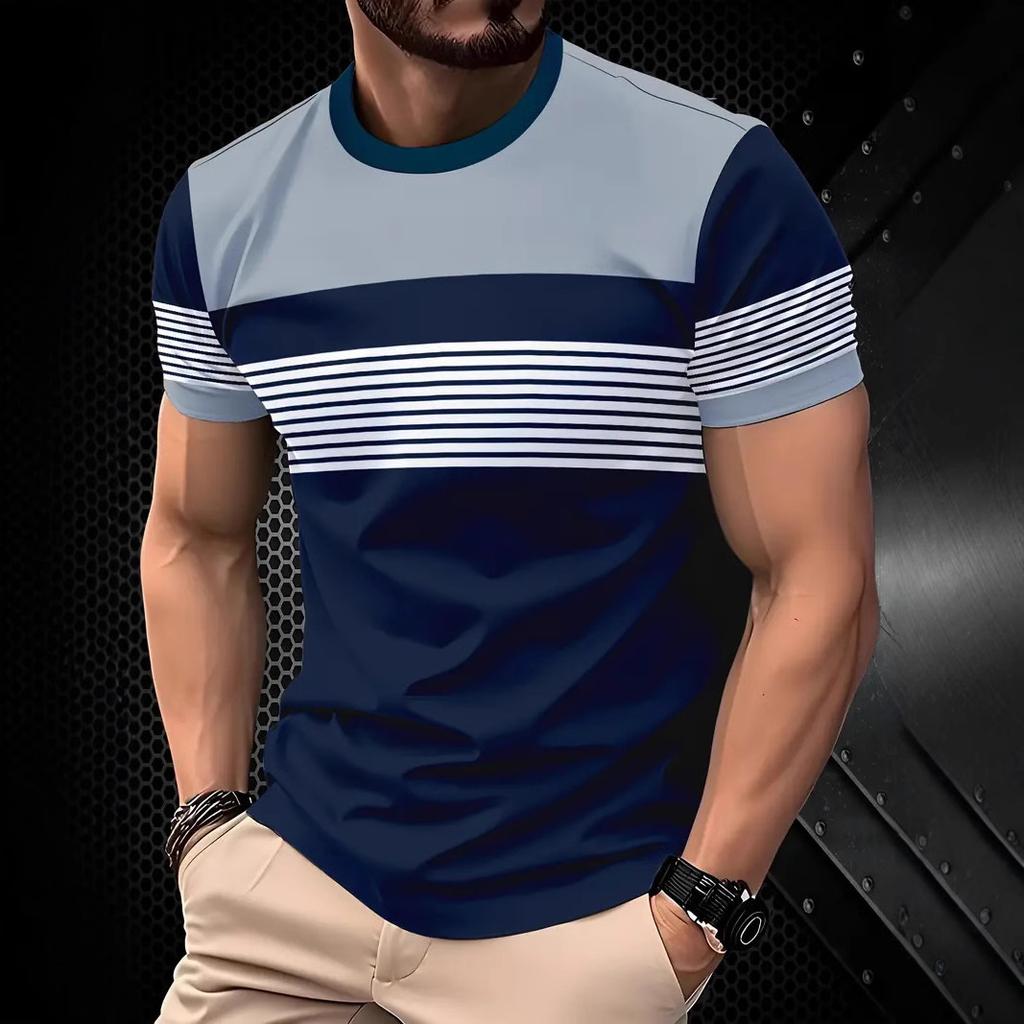 Летняя футболка с круглым вырезом, цветными блоками и полосатым 3D-принтом, модная, повседневная, с короткими рукавами, мужская