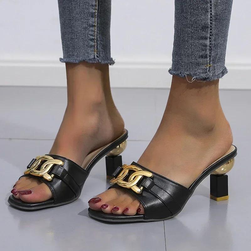 Summer Women's Slippers Sandals Shoes Female Golden Metal Chain Ladies Fashion Casual Slides Mules Indoor Zapato Mujer 36-43