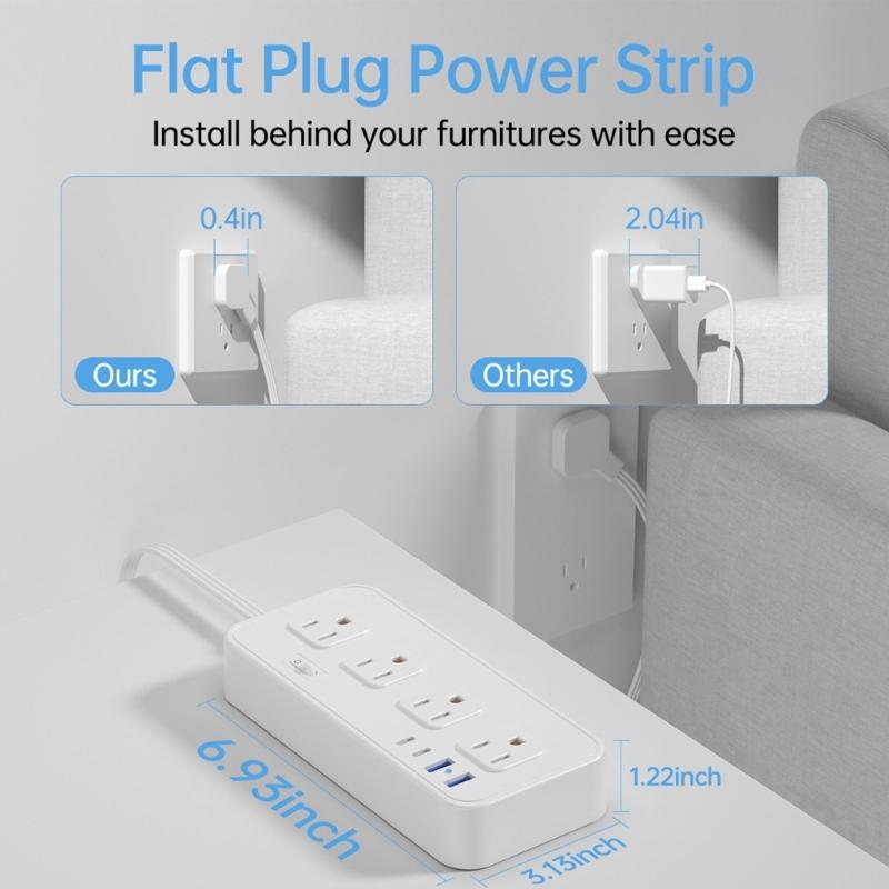 US Plug Power Strips with 8 Outlets 4 USB Port(2 USB-C), Braideds Extender Cable,Surges Protectors Adapter for Home