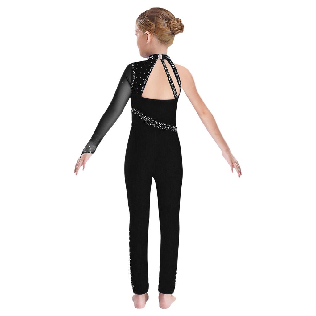 Girls Gymnastics Jumpsuit Sheer Mesh Patchwork Cutout Asymmetrical Design Mock Neck Sparkly Rhinestones Full Body Leotard