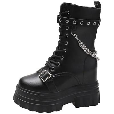 Модные женские сапоги до середины голени, осень 2024 года, модные черные ботильоны из искусственной кожи с цепочкой на платформе в стиле панк в британском стиле для женщин