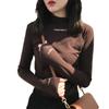Half Turtleneck and Velvet Warm Bottoming Shirt for Women In Autumn and Winter Letter Embroidered Slim Student Long-sleeved T-shirt for Women
