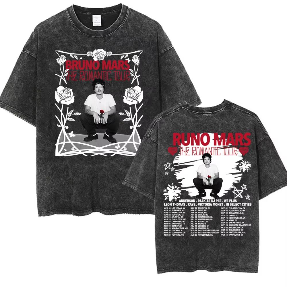 Bruno Mars The Romantic Tour 2026 Vintage Washed T Shirt Men Women Fashion Hip Hop Pop Music T-shirt Summer Casual Cotton Tshirt