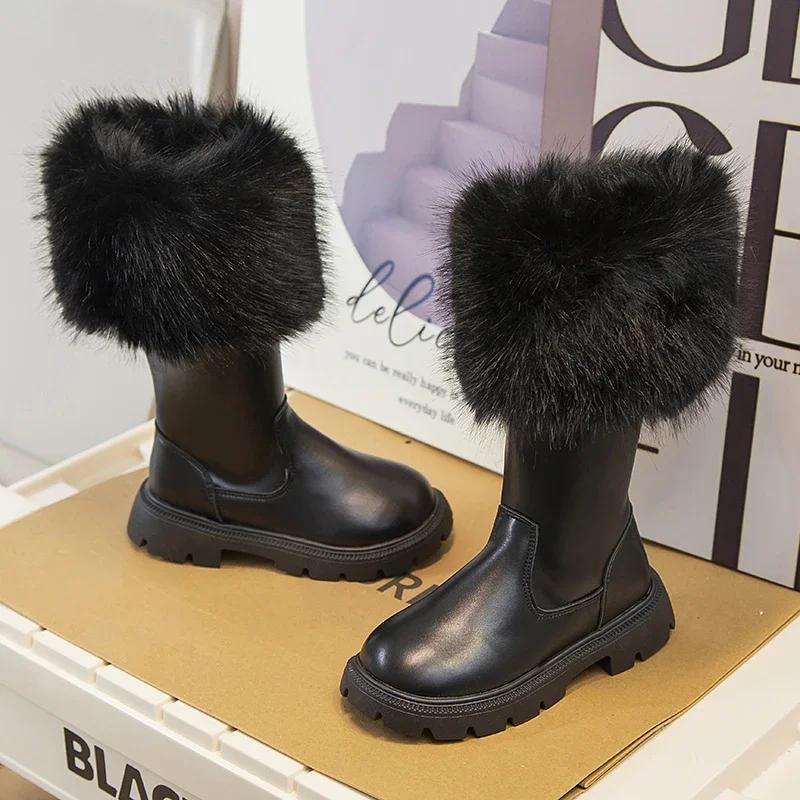 Новые детские высокие сапоги из плюша и хлопка, милые повседневные сапоги принцессы, белые и черные, шикарные сапоги для девочек, для вечеринки, свадьбы, шоу