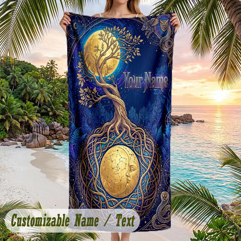 Tree Life Artwork 2 Theme Quick Dry Beach Towel Custom Name Text Print Large Sand Resistant Towel Beach Vacation