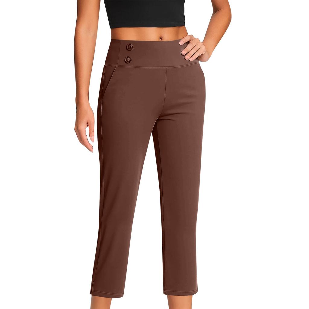 Women's Fashionable Solid Color Straight Leg Pants With High Waist Button Pockets And Elastic Waist Casual Pants