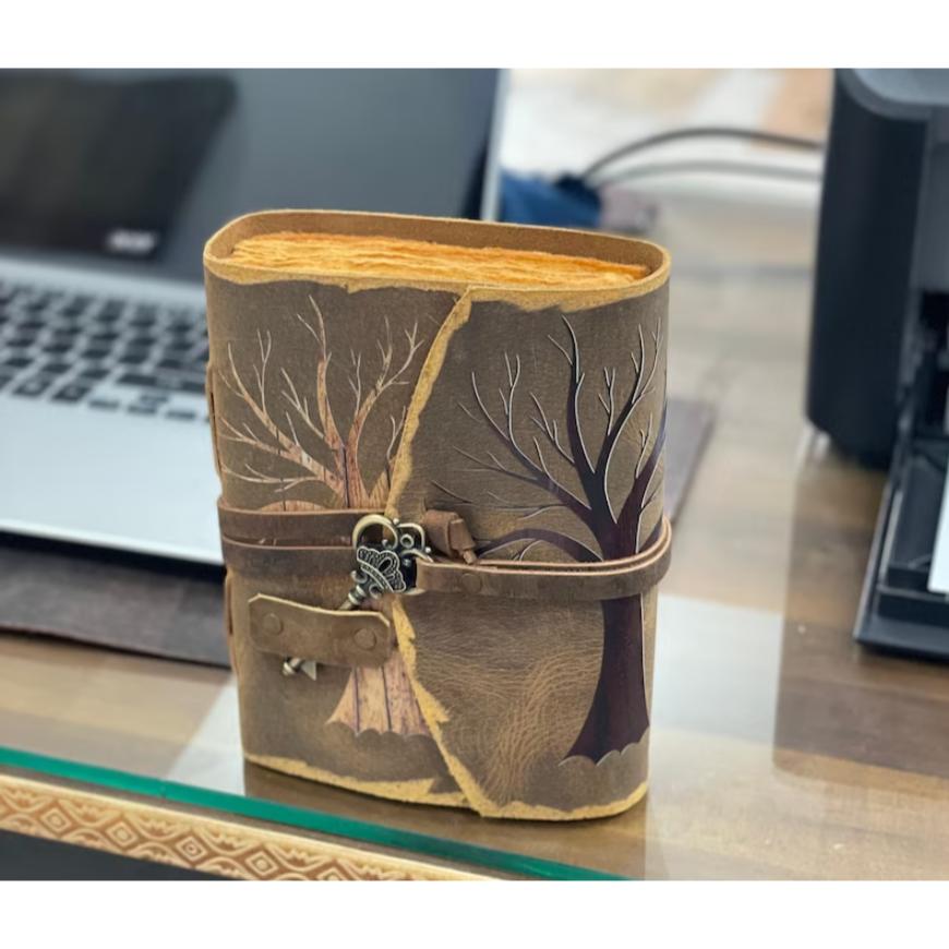 Комбинированное предложение Винтажная ручка с перьями для резьбы/Древо жизни Кожаный журнал Антикварный ручной работы с декоративным краем Винтажный бумажный гримуар