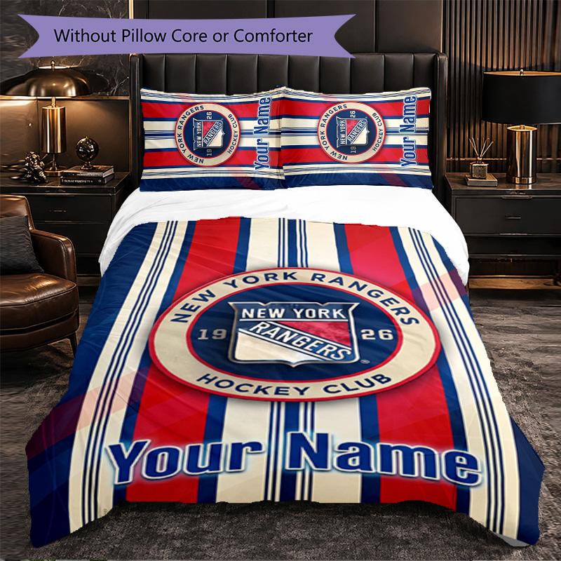 New York Rangers Customized Name Text Bedding Set, 1 Duvet Cover & 2 Pillowcases Personalized Bedroom Gift