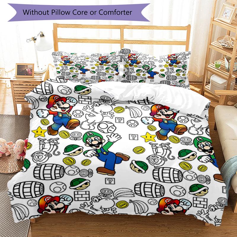 3pcs Mario Bedding Set Duvet Cover Closure Includes 1 Duvet Cover & 2 Pillowcases, Soft and Comfortable for All Seasons.