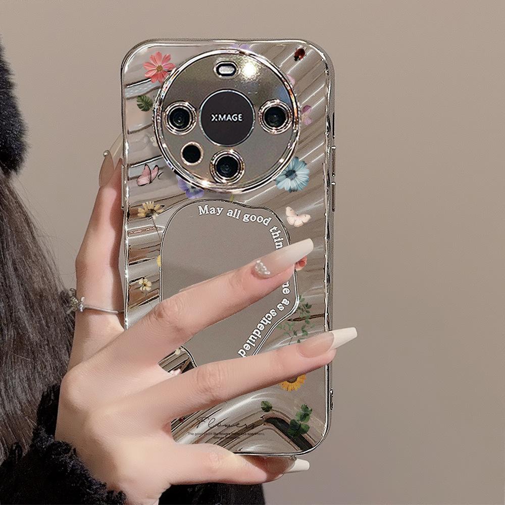 Зеркальный чехол для телефона для iPhone 16 11 13 14 для 16 Pro 12 13 15 16 Pro Max для Samsung A15 A16 A35 A55 Милый чехол для телефона с облаком, цветком и щенком с гальваническим покрытием