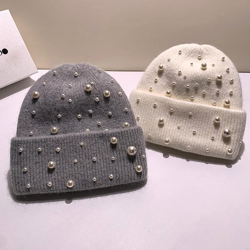 Новая осенне-зимняя шапка из плотной жемчужной шерсти, модная вязаная шапка с жемчугом, теплая защита для ушей