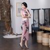 Женское платье из шелкового атласа для похудения, длинное платье Cheongsam с короткими рукавами и принтом