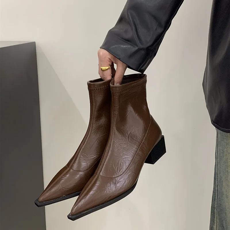 Женские узкие ботильоны с острым носком, модные женские элегантные ботильоны на квадратном низком каблуке с застежкой-молнией сзади, женская обувь