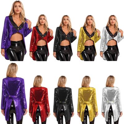 Женский смокинг, верхняя одежда, цирковой манежер, нарядные костюмы на Хэллоуин, фрак, куртка, блестящее платье с блестками на одной пуговице, волшебное платье