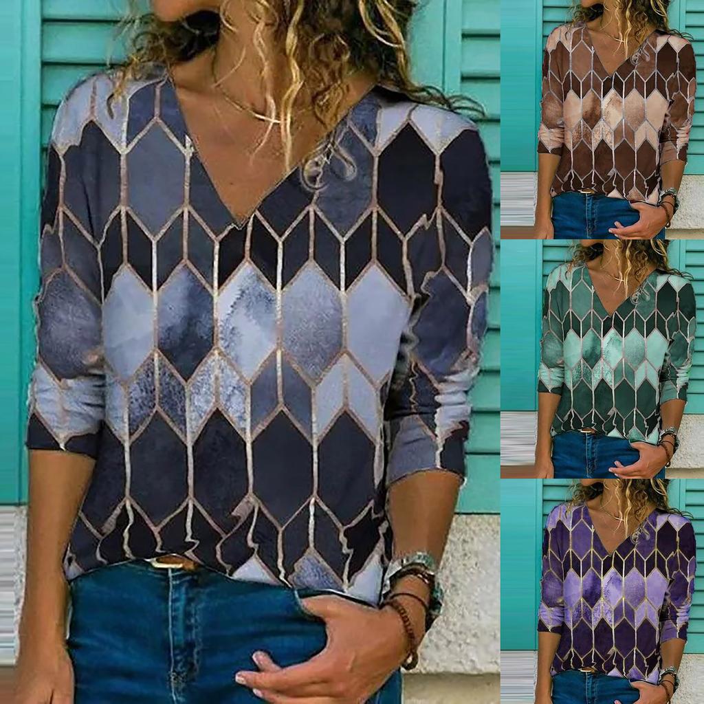 Women Fashion V-neck Print  Pullover Long Sleeve Loose Blouse Tops
