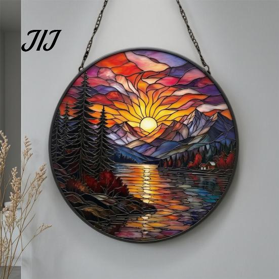 Window Light Refracting Art Stained Glass Style Suncatcher, Mountain Sunset Landscape Hanging Ornament, Colorful Artistic Sunlight Reflector