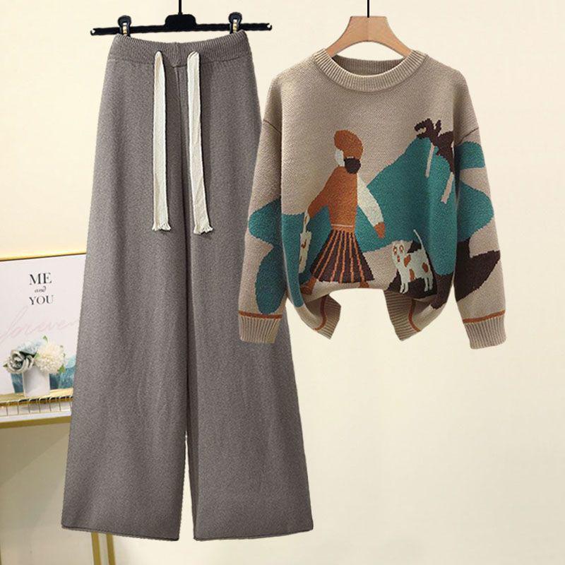 Plus-Size Women's Fashionable Knitted Sweater and Casual Pants Two-Piece Set for Autumn and Winter