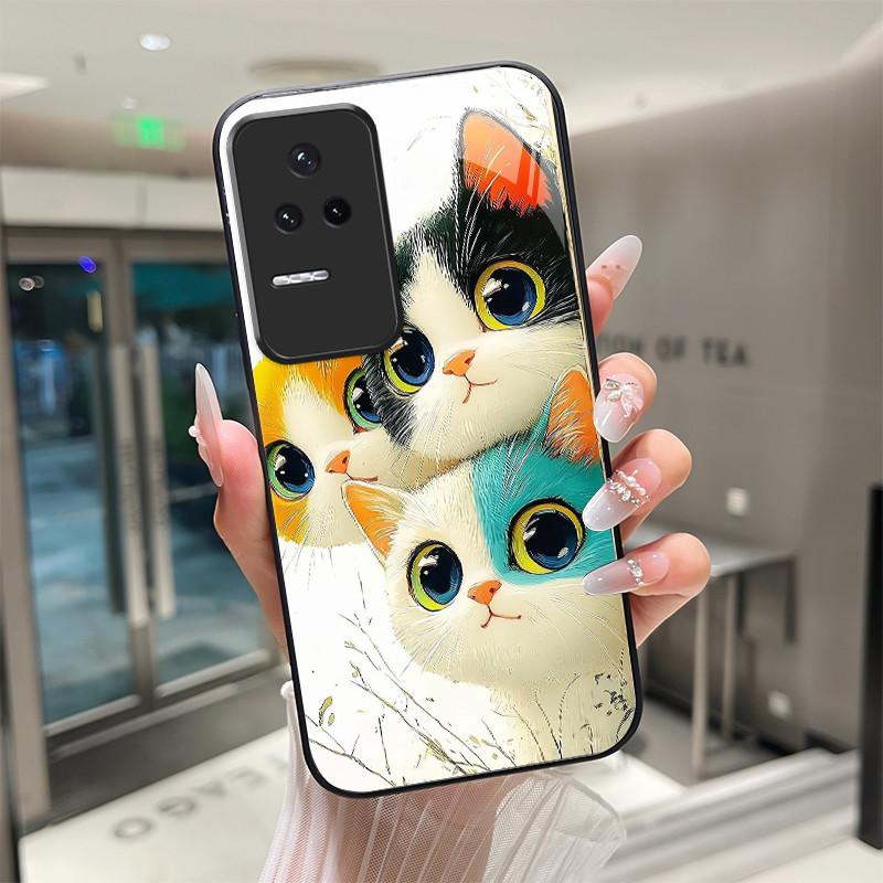 Красивые Цветы Милые Кошки Чехол Для Xiaomi Poco F4 5G / Redmi K40S Закаленное Стекло Чехол Для Телефона Защитная Задняя Крышка Жесткий Корпус