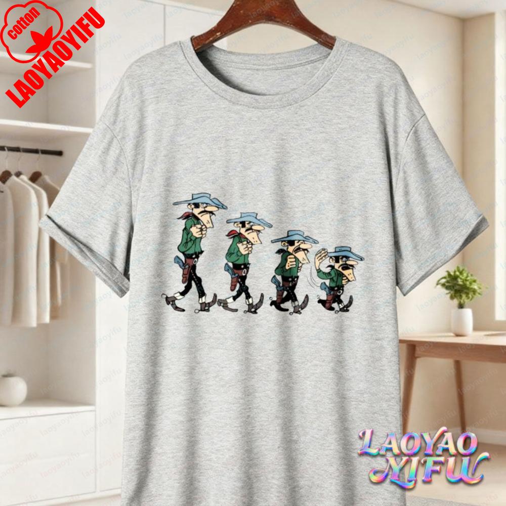 Classic Lucky Luke Cast Print Casual Tops Retro Western Animation Cotton TShirt Summer Casual Wear for Unisex Women Trendy Tee