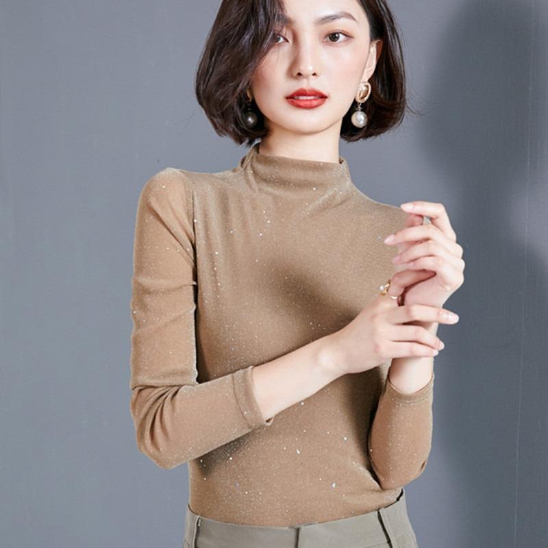 High Neck Mesh Base Shirt for Women In Autumn Winter Sparkling Silk Long Sleeved Western-style Small Shirt Shiny Mesh Top for Women Shirt