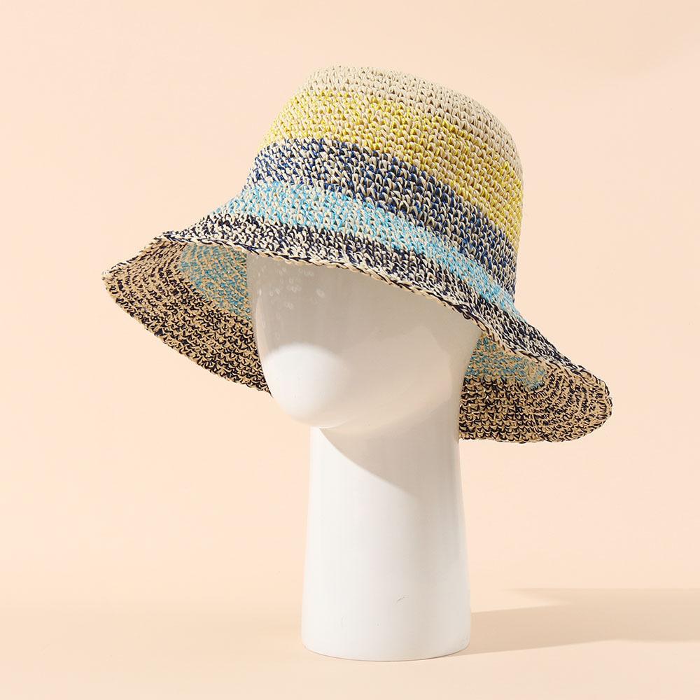 Premium Lala grass striped bucket hat Wide brim basin hat Fine crochet beach hat Foldable sun protection straw hat