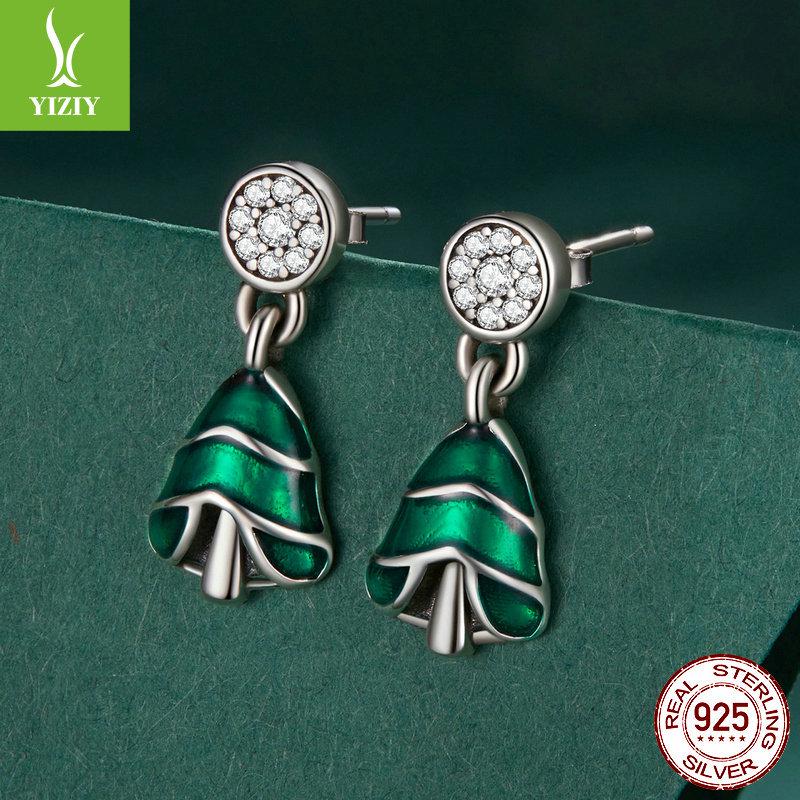 Yinziyun Christmas Tree Sterling Silver Stud Earrings for Women - Trendy Green Enamel Holiday Jewelry.