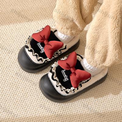 Модные женские зимние теплые тапочки с бантами в стиле Лолиты из хлопка, женские домашние тапочки на толстой подошве, пушистые домашние тапочки для спальни на плоской подошве, обувь