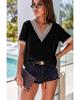 V-Neck Short Sleeve Blouse with Lace Trim