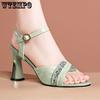 Chunky High Heel Fish Mouth Sandals One Line Strap Buckle Sandals Crocodile Pattern Sequins Decoration Women's High-heeled Sandal